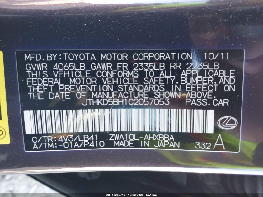 2012 Lexus Ct 200H Premium VIN: JTHKD5BH1C205705 Lot: 43956710