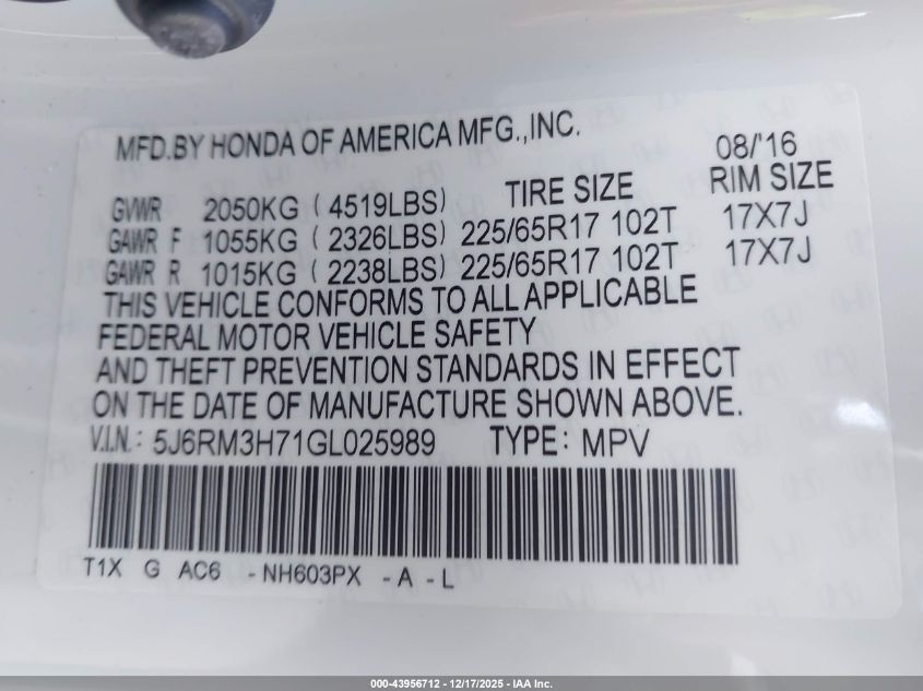 2016 Honda Cr-V Ex-L VIN: 5J6RM3H71GL025989 Lot: 43956712