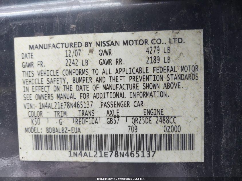 2008 Nissan Altima 2.5 S VIN: 1N4AL21E78N465137 Lot: 43956713