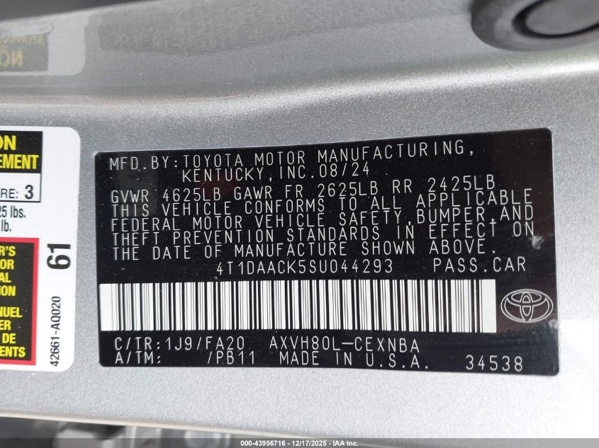 2025 Toyota Camry Le VIN: 4T1DAACK5SU044293 Lot: 43956716