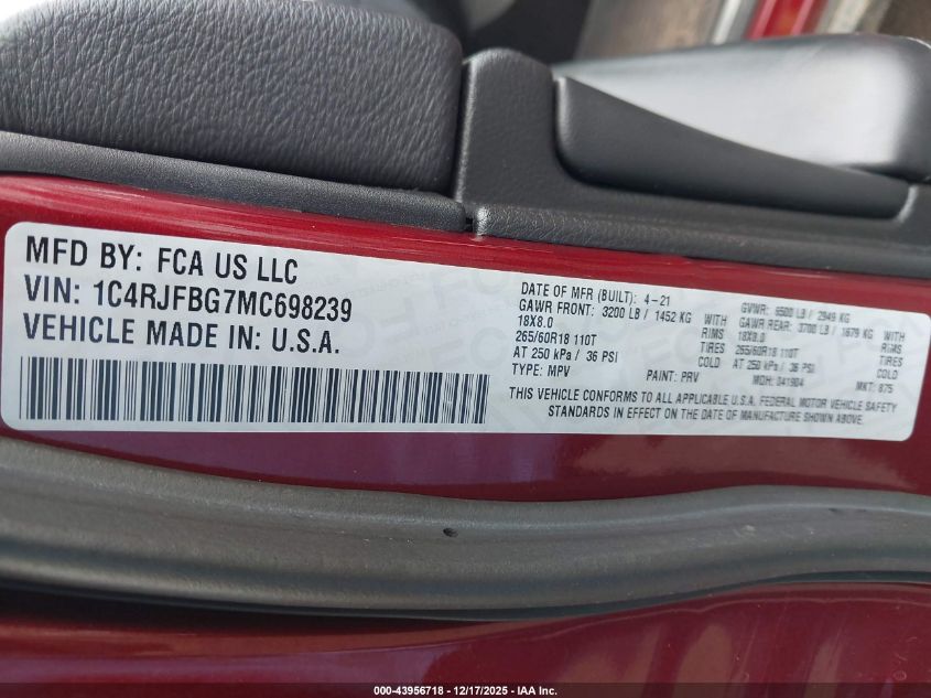 2021 Jeep Grand Cherokee Limited 4X4 VIN: 1C4RJFBG7MC698239 Lot: 43956718