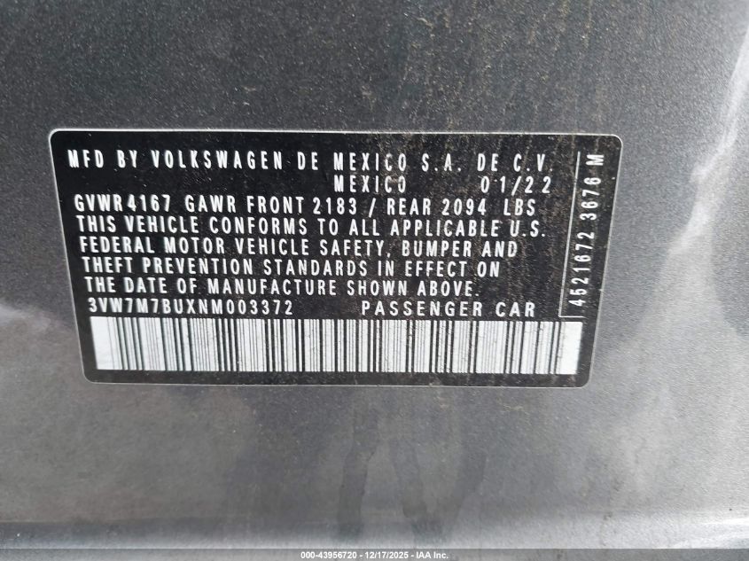 2022 Volkswagen Jetta 1.5T Se VIN: 3VW7M7BUXNM003372 Lot: 43956720