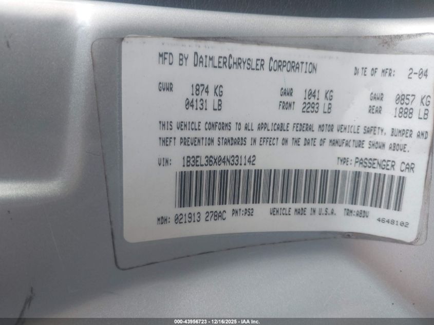 2004 Dodge Stratus Se VIN: 1B3EL36X04N331142 Lot: 43956723