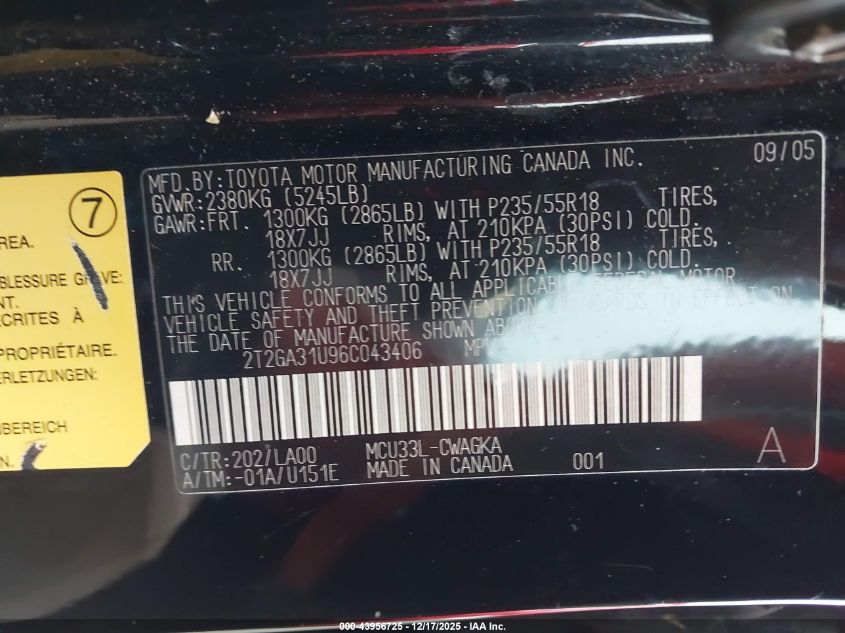 2006 Lexus Rx 330 VIN: 2T2GA31U96C043406 Lot: 43956725