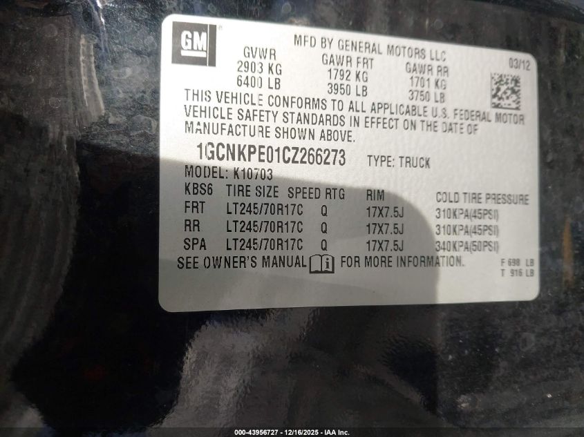 2012 Chevrolet Silverado 1500 Work Truck VIN: 1GCNKPE01CZ266273 Lot: 43956727