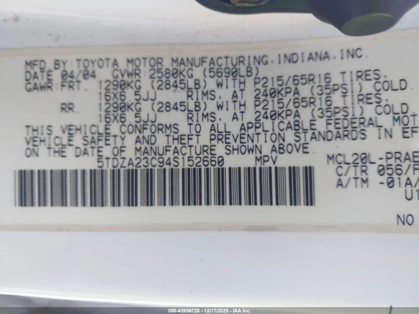 2004 Toyota Sienna Le VIN: 5TDZA23C94S152660 Lot: 43956728