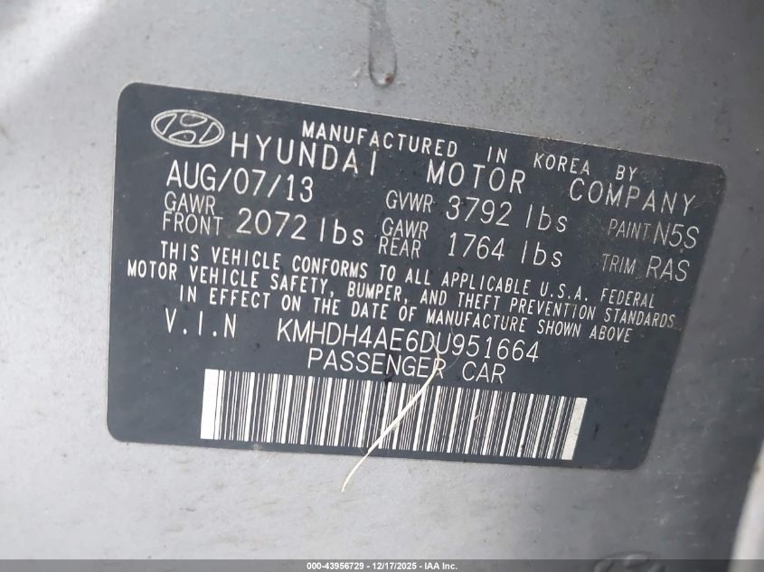 2013 Hyundai Elantra Gls VIN: KMHDH4AE6DU951664 Lot: 43956729
