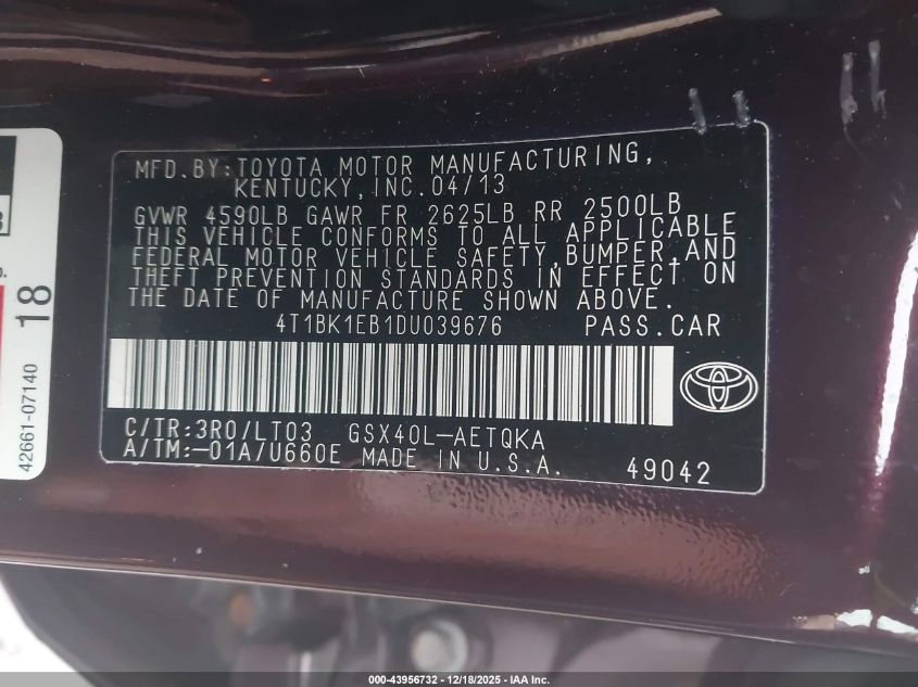 2013 Toyota Avalon Xle Touring VIN: 4T1BK1EB1DU039676 Lot: 43956732