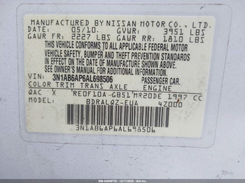 2010 Nissan Sentra 2.0 VIN: 3N1AB6AP6AL698506 Lot: 43956735