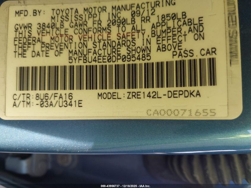 2013 Toyota Corolla L VIN: 5YFBU4EE0DP095485 Lot: 43956737