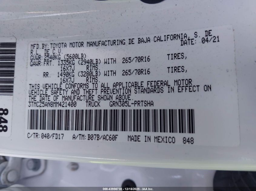2021 Toyota Tacoma Trd Off-Road VIN: 3TMCZ5AN8MM421400 Lot: 43956738