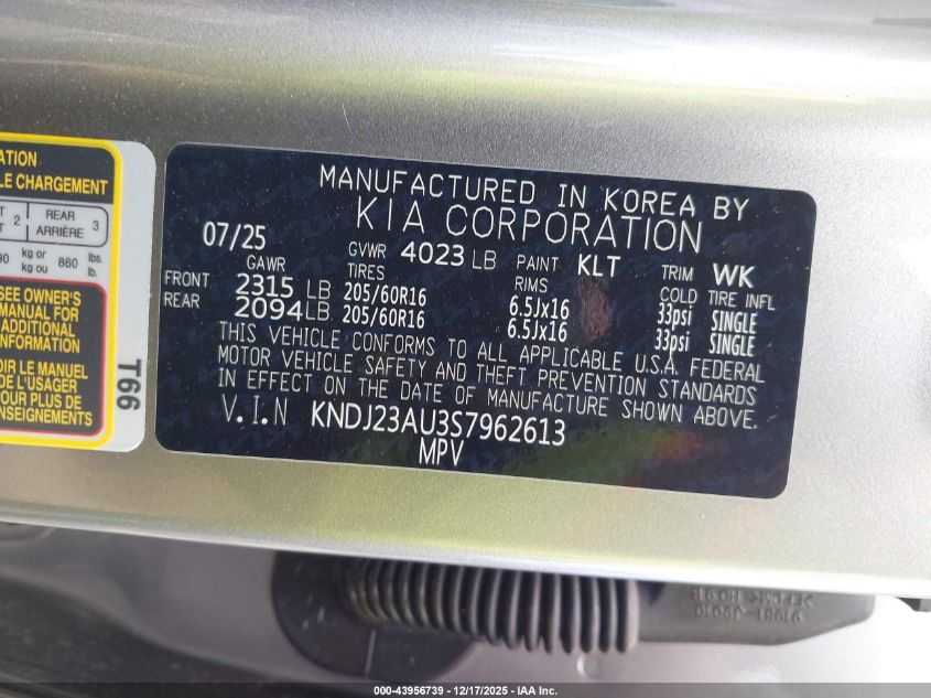 2025 Kia Soul Lx/S VIN: KNDJ23AU3S7962613 Lot: 43956739