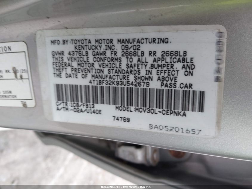 2003 Toyota Camry Le V6 VIN: 4T1BF32K93U542679 Lot: 43956742