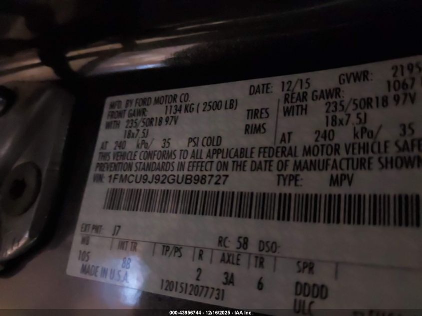 2016 Ford Escape Titanium VIN: 1FMCU9J92GUB98727 Lot: 43956744