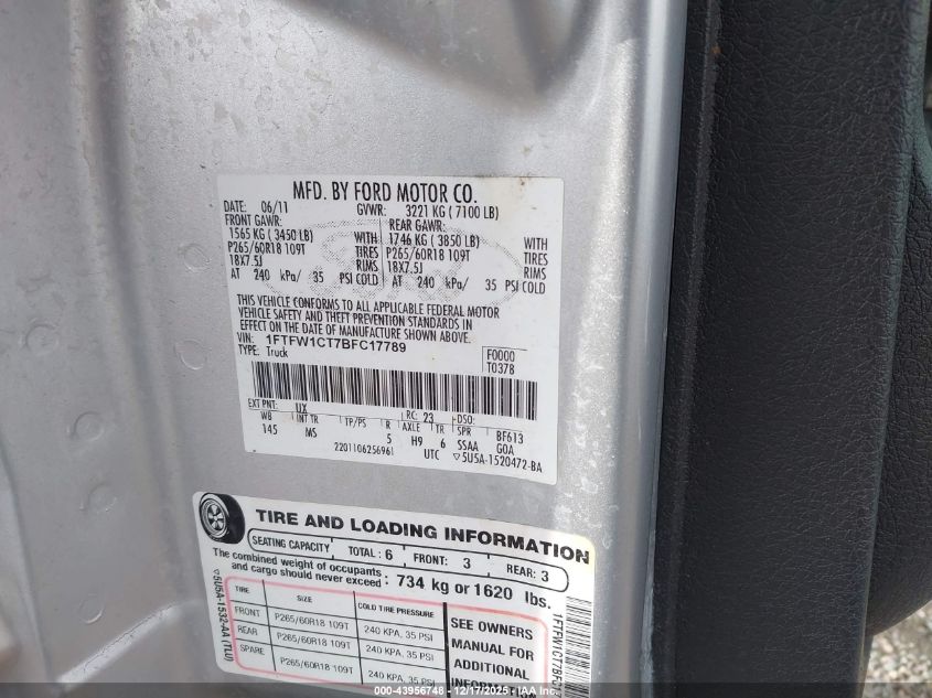 2011 Ford F-150 Xlt VIN: 1FTFW1CT7BFC17789 Lot: 43956748