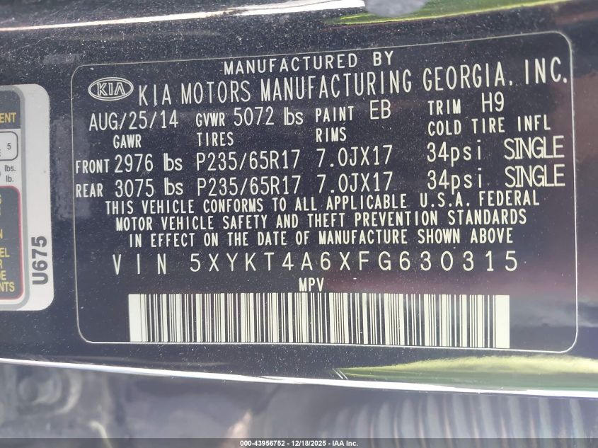 2015 Kia Sorento Lx VIN: 5XYKT4A6XFG630315 Lot: 43956752