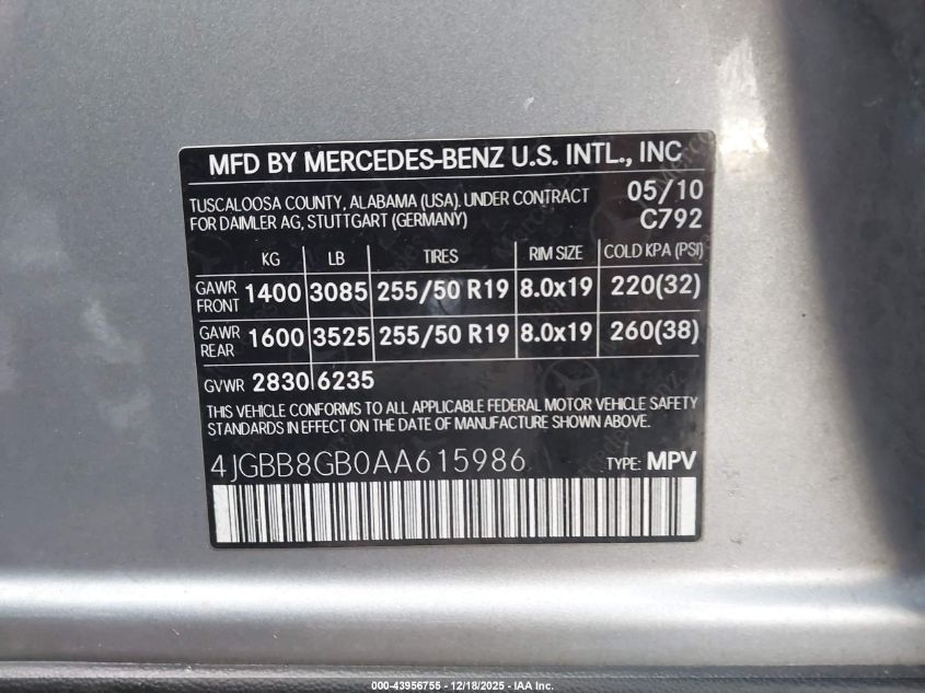 2010 Mercedes-Benz Ml 350 4Matic VIN: 4JGBB8GB0AA615986 Lot: 43956755