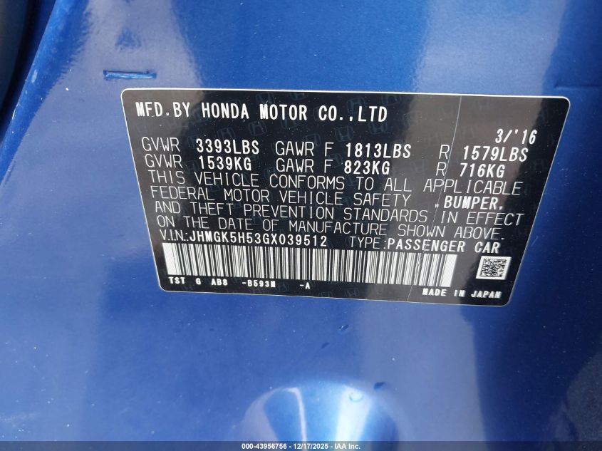 2016 Honda Fit Lx VIN: JHMGK5H53GX039512 Lot: 43956756