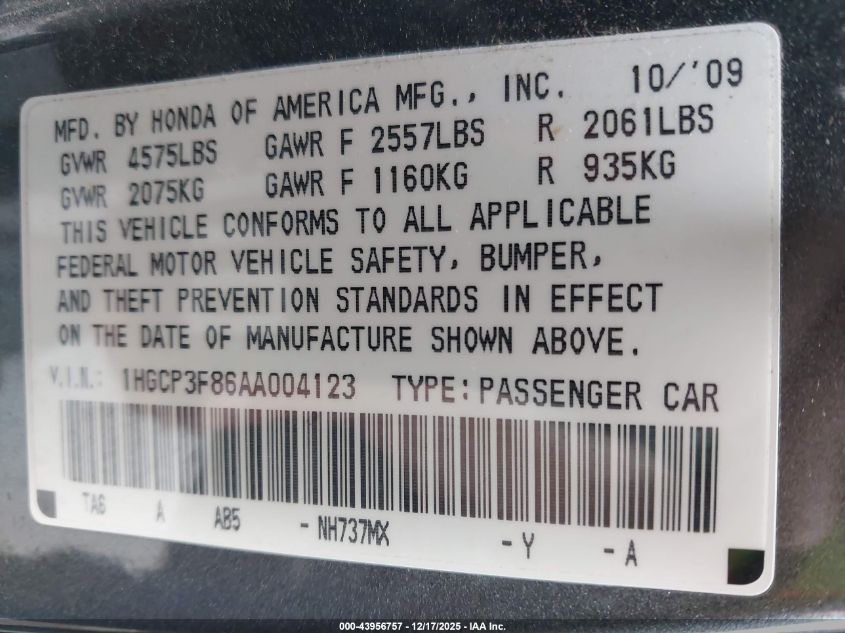 2010 Honda Accord 3.5 Ex-L VIN: 1HGCP3F86AA004123 Lot: 43956757