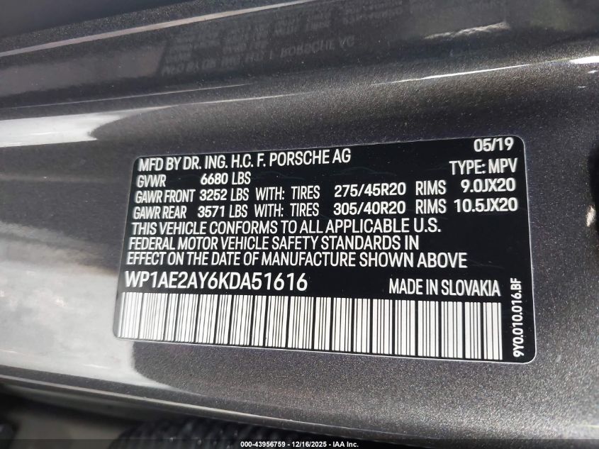 2019 Porsche Cayenne E-Hybrid VIN: WP1AE2AY6KDA51616 Lot: 43956759