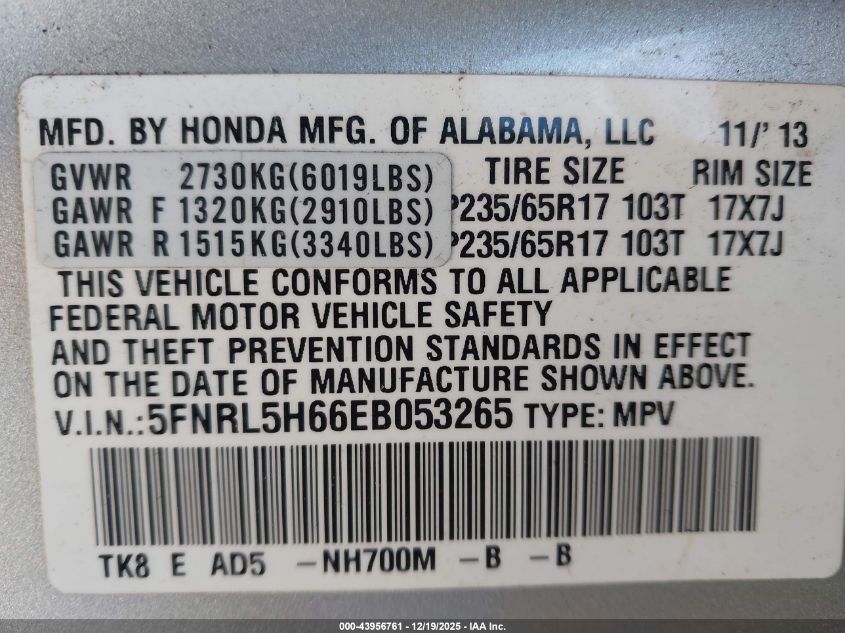 2014 Honda Odyssey Ex-L VIN: 5FNRL5H66EB053265 Lot: 43956761