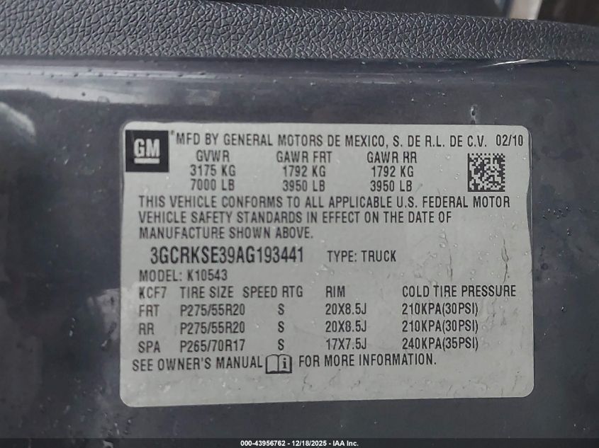 2010 Chevrolet Silverado 1500 Lt VIN: 3GCRKSE39AG193441 Lot: 43956762