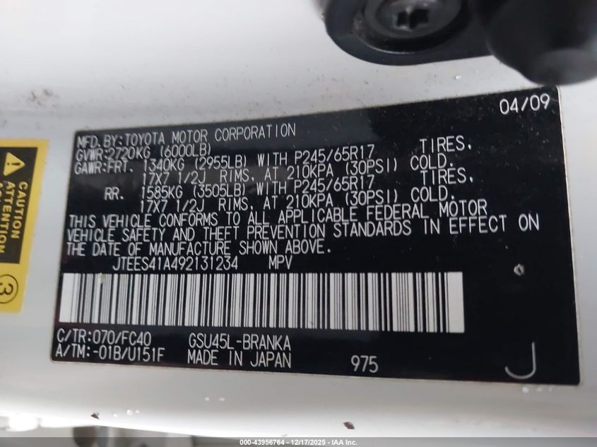 2009 Toyota Highlander VIN: JTEES41A492131234 Lot: 43956764