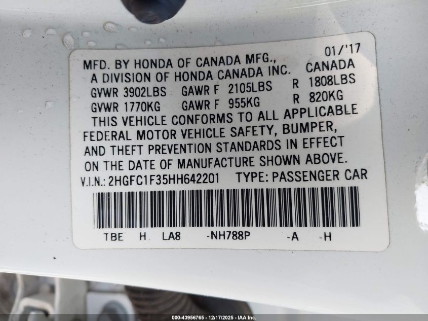 2017 Honda Civic Ex-T VIN: 2HGFC1F35HH642201 Lot: 43956765