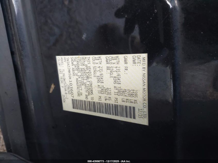 2016 Nissan Murano Sv VIN: 5N1AZ2MH5GN103607 Lot: 43956773