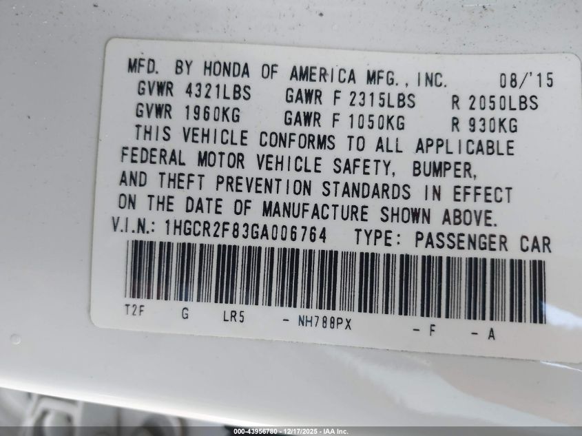 2016 Honda Accord Ex-L VIN: 1HGCR2F83GA006764 Lot: 43956780