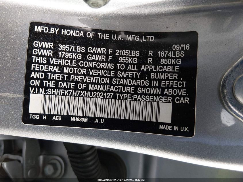 2017 Honda Civic Ex-L VIN: SHHFK7H7XHU202127 Lot: 43956782
