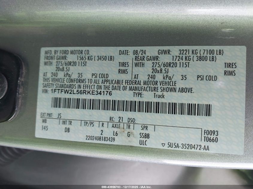 2024 Ford F-150 Stx VIN: 1FTFW2L56RKE34176 Lot: 43956783