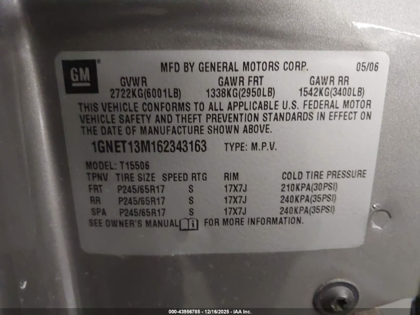 2006 Chevrolet Trailblazer Lt VIN: 1GNET13M162343163 Lot: 43956785