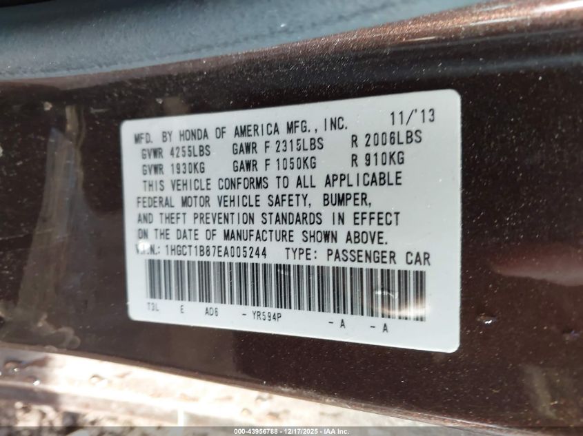 2014 Honda Accord Ex-L VIN: 1HGCT1B87EA005244 Lot: 43956788