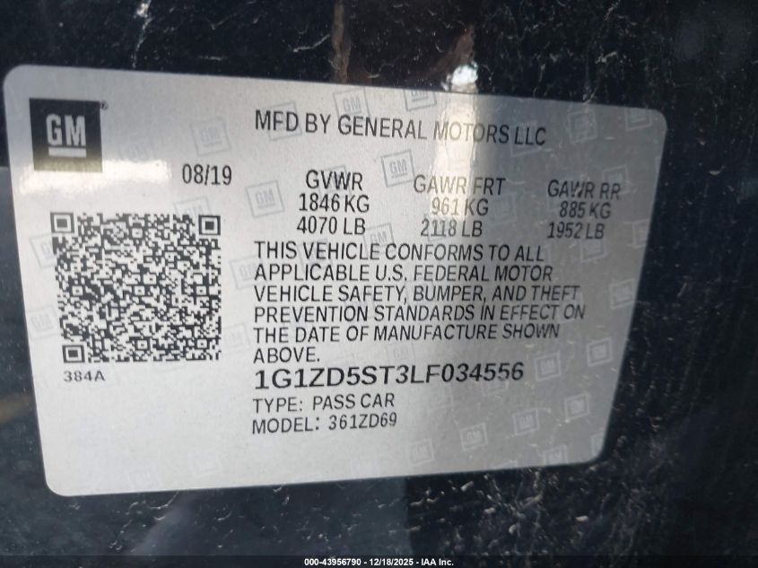 2020 Chevrolet Malibu Fwd Lt VIN: 1G1ZD5ST3LF034556 Lot: 43956790