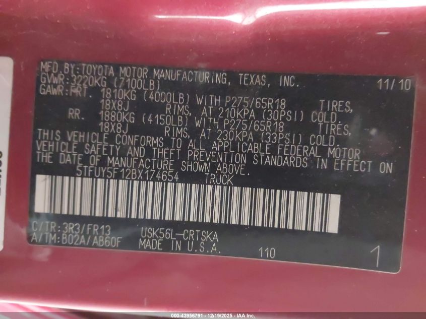 2011 Toyota Tundra Grade 5.7L V8 VIN: 5TFUY5F12BX174654 Lot: 43956791