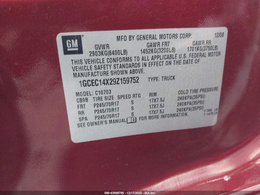 2009 Chevrolet Silverado 1500 Work Truck VIN: 1GCEC14X29Z159752 Lot: 43956795