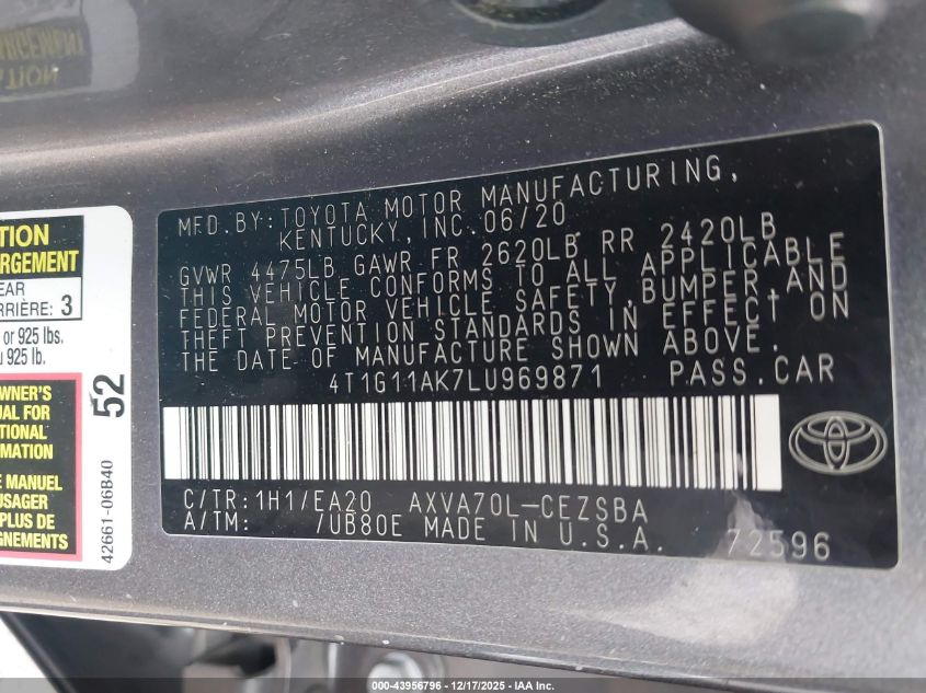2020 Toyota Camry Se VIN: 4T1G11AK7LU969871 Lot: 43956796