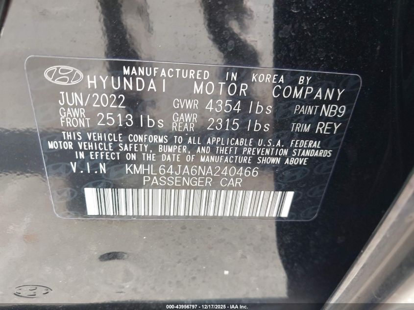 2022 Hyundai Sonata Sel VIN: KMHL64JA6NA240466 Lot: 43956797
