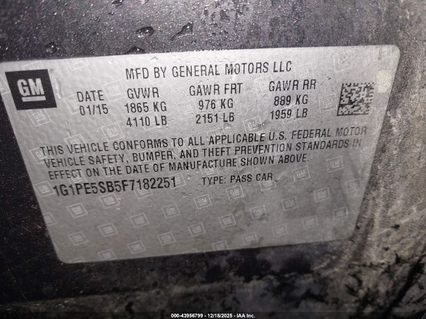 2015 Chevrolet Cruze 2Lt Auto VIN: 1G1PE5SB5F7182251 Lot: 43956799