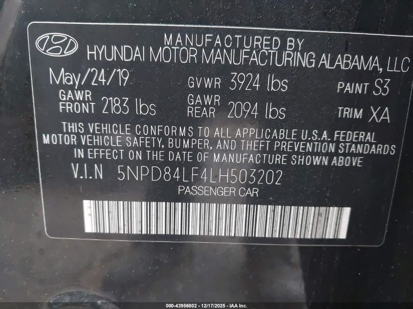 2020 Hyundai Elantra Value Edition VIN: 5NPD84LF4LH503202 Lot: 43956802