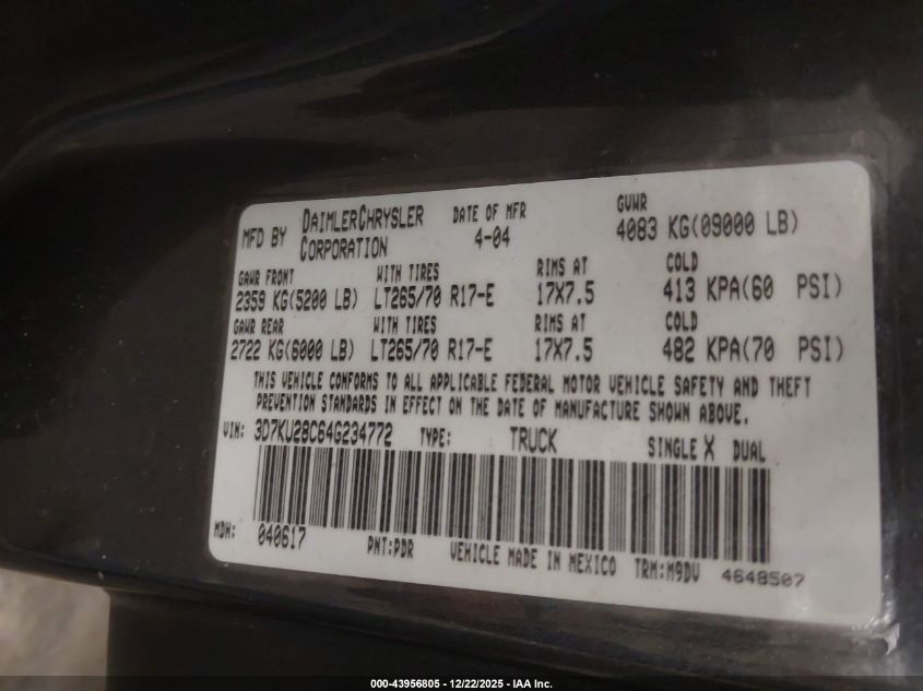 2004 Dodge Ram 2500 Slt/Laramie VIN: 3D7KU28C64G234772 Lot: 43956805