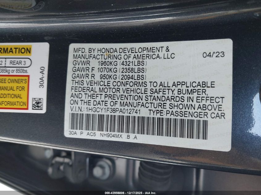 2023 Honda Accord Ex VIN: 1HGCY1F38PA012741 Lot: 43956806