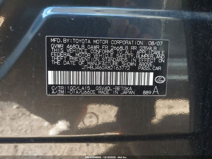 2008 Lexus Es 350 VIN: JTHBJ46GX82163772 Lot: 43956808