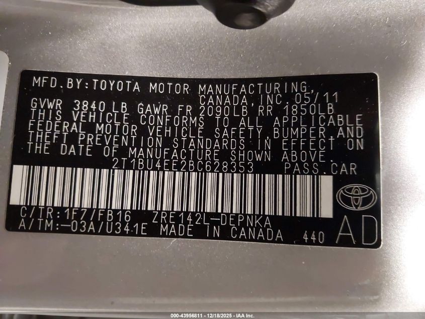 2011 Toyota Corolla Le VIN: 2T1BU4EE2BC628353 Lot: 43956811