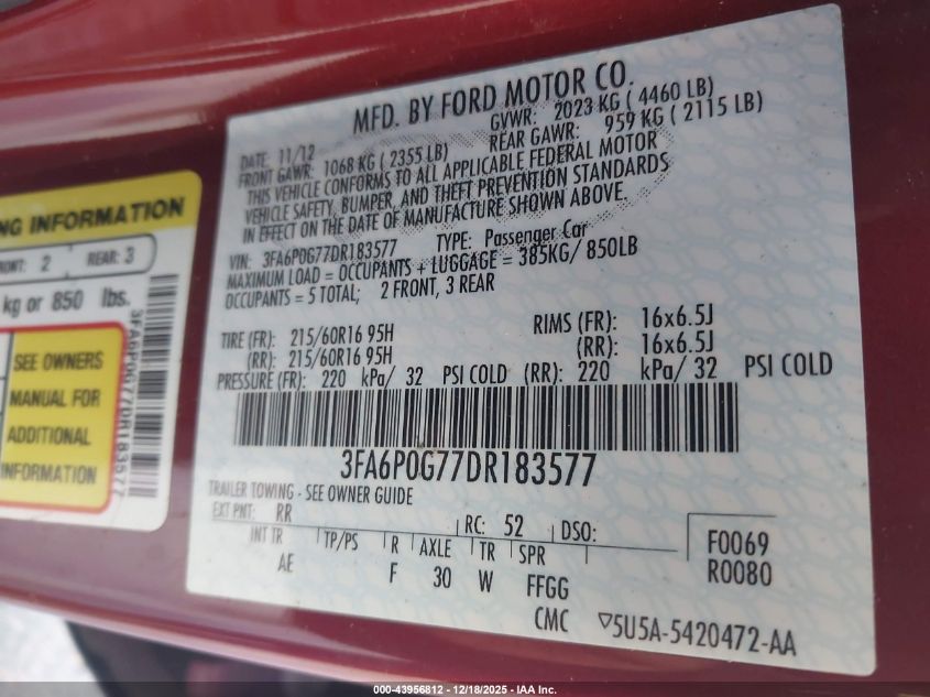 2013 Ford Fusion S VIN: 3FA6P0G77DR183577 Lot: 43956812