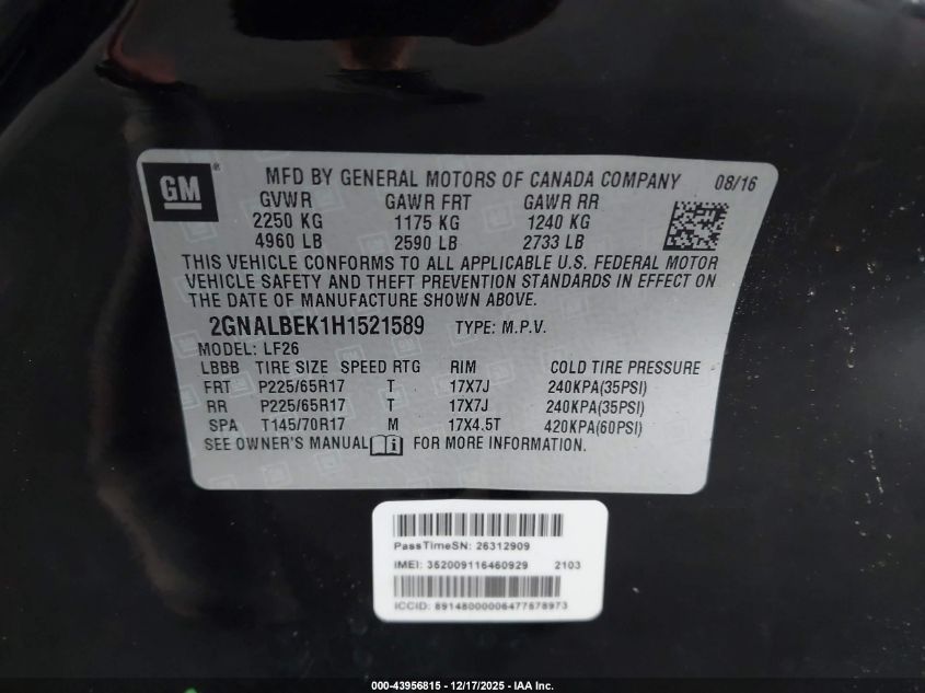 2017 Chevrolet Equinox Ls VIN: 2GNALBEK1H1521589 Lot: 43956815