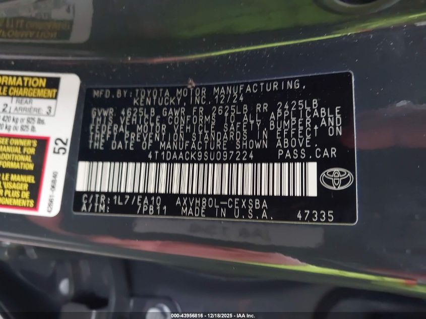 2025 Toyota Camry Se VIN: 4T1DAACK9SU097224 Lot: 43956816
