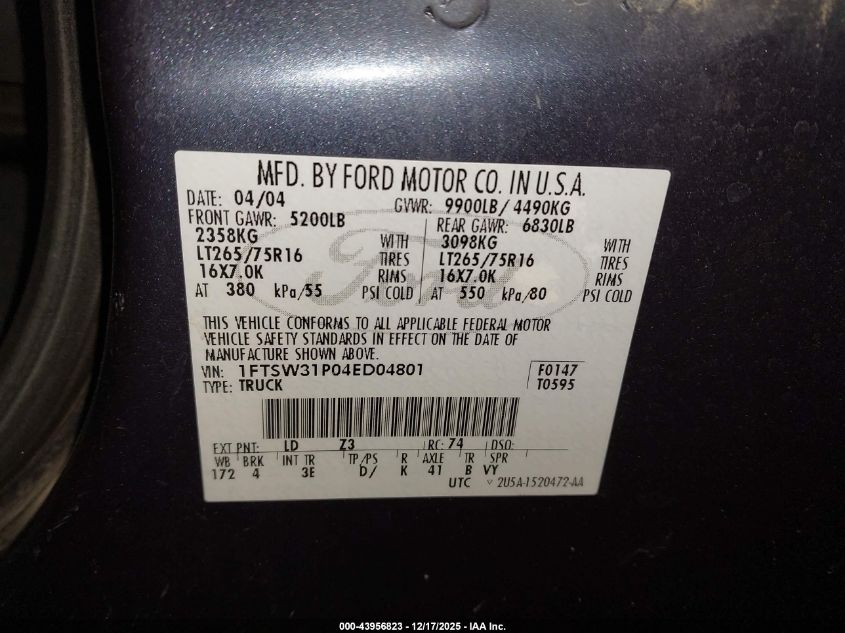 2004 Ford F-350 Lariat/Xl/Xlt VIN: 1FTSW31P04ED04801 Lot: 43956823