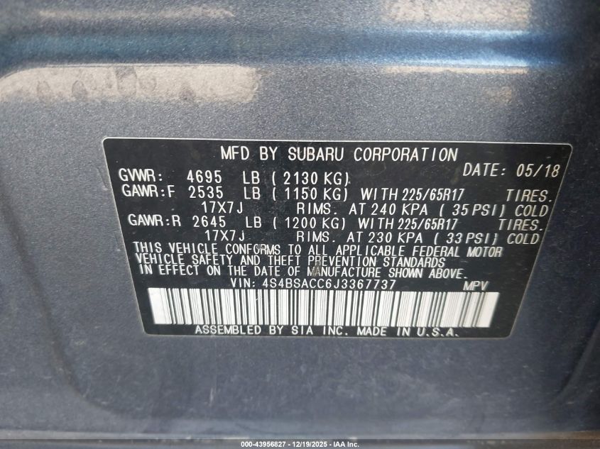 2018 Subaru Outback 2.5I Premium VIN: 4S4BSACC6J3367737 Lot: 43956827